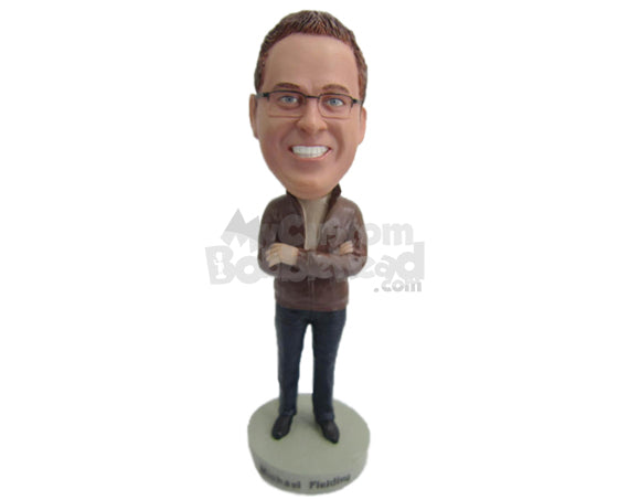 Custom Bobblehead Handsome Looking Man Wearing A Leather Jacket And Front-Flat Pant With Casual Shoes - Leisure & Casual Casual Males Personalized Bobblehead & Cake Topper