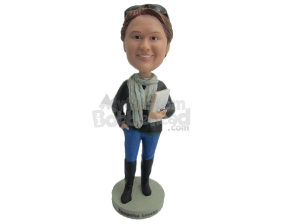 Custom Bobblehead Lady Wearing A Long-Sleeved T Shirt And Jeans With Long Boots And A Scarf Covering Her Neck - Leisure & Casual Casual Females Personalized Bobblehead & Cake Topper
