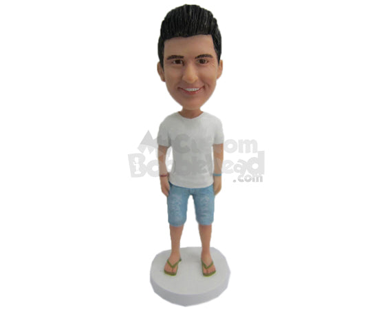 Custom Bobblehead Handsome Guy Wearing A T-Shirt And Jeans With His Sandals On - Leisure & Casual Casual Males Personalized Bobblehead & Cake Topper