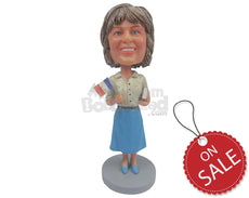 Custom Bobblehead Sophisticated Lady In Skirt With Book And A Flag In Hand - Leisure & Casual Casual Females Personalized Bobblehead & Cake Topper