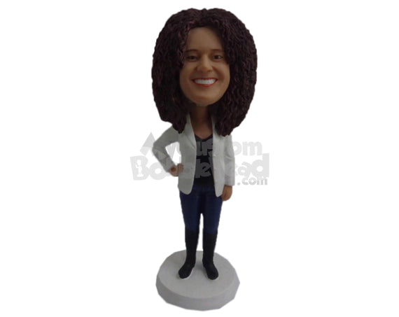 Custom Bobblehead Good Looking Lady Wearing A Jacket Over Her T-Shirt With Jeans And Sneakers - Leisure & Casual Casual Females Personalized Bobblehead & Cake Topper