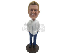 Custom Bobblehead Handsome Boy Wearing A Fashionable Long-Sleeved Shirt, Jeans With Shoes - Leisure & Casual Casual Males Personalized Bobblehead & Cake Topper