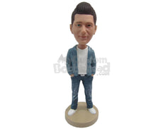 Custom Bobblehead Handsome Guy Wearing A Jacket, Jeans And Sneakers Posing With Both Hands In The Pockets - Leisure & Casual Casual Males Personalized Bobblehead & Cake Topper