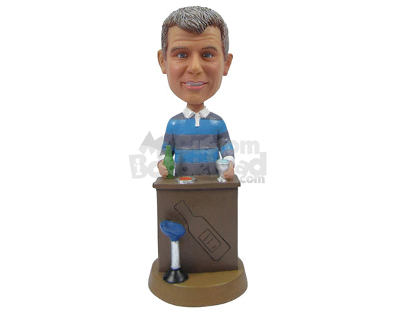 Custom Bobblehead Dapper Man With Beer And Snacks Standing Behind A Bar - Leisure & Casual Casual Males Personalized Bobblehead & Cake Topper
