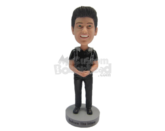 Custom Bobblehead Boy Wearing A Raincoat Over T-Shirt And Casual Pants With Trendy Shoes - Leisure & Casual Casual Males Personalized Bobblehead & Cake Topper