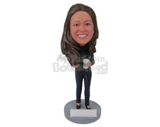 Custom Bobblehead Beautiful Girl Wearing A T-Shirt And Jeans With High Heels - Leisure & Casual Casual Females Personalized Bobblehead & Cake Topper