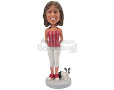 Custom Bobblehead Beautiful Smiling Lady With A Rabbbit In Stylish Top And Matching Shoes With Hands Clenched - Leisure & Casual Casual Females Personalized Bobblehead & Cake Topper