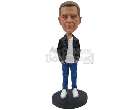 Custom Bobblehead Casual Dude With Hands In Pocket Wearing Leather Jacket - Leisure & Casual Casual Males Personalized Bobblehead & Cake Topper