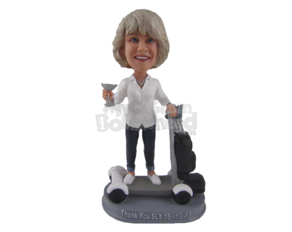 Custom Bobblehead Beautiful Female Toasting For Happiness And Wearing A Long Shirt And Jeans With Slacks - Leisure & Casual Casual Females Personalized Bobblehead & Cake Topper