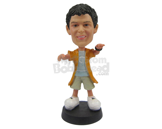 Custom Bobblehead Funky Stylish Boy In Shorts And Long Jacket With Hands In The Air - Leisure & Casual Casual Males Personalized Bobblehead & Cake Topper