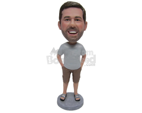 Custom Bobblehead Handsome Male Having Wonderful Time Wearing A T-Shirt And Short Pane With Slippers - Leisure & Casual Casual Males Personalized Bobblehead & Cake Topper