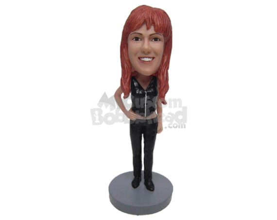 Custom Bobblehead Gorgeous Girl Ready To Have A Blast Wearing A Leather Top And Jeans With Shoes - Leisure & Casual Casual Females Personalized Bobblehead & Cake Topper