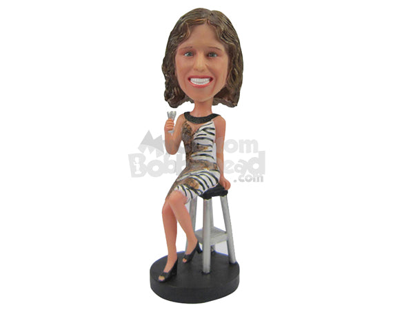 Custom Bobblehead Charming Lady In One Piece Party Dress With A Glass Of Drink In Hand - Leisure & Casual Casual Females Personalized Bobblehead & Cake Topper