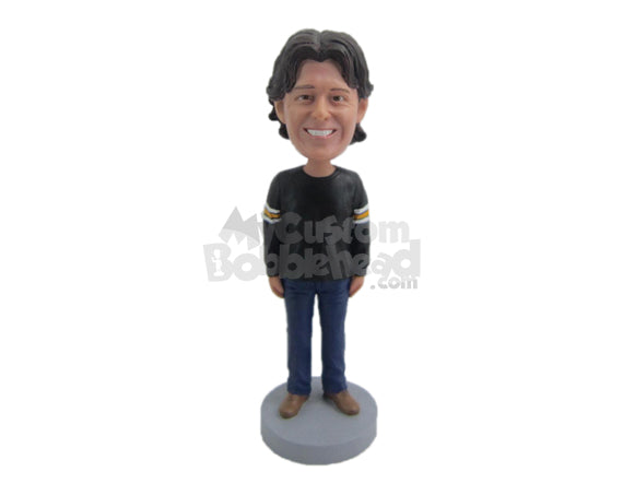 Custom Bobblehead Casual Sports Fan Wearing Long-Sleeved Jersey - Leisure & Casual Casual Males Personalized Bobblehead & Cake Topper