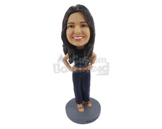 Custom Bobblehead Good Looking Woman With Long Hear Wearing A Cozy Pants And Shirt With Belt - Leisure & Casual Casual Females Personalized Bobblehead & Cake Topper