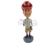 Custom Bobblehead Man Wearing T-Shirt With Cargo Shorts With A Cowboy Hat Holding A Wine Bottle - Leisure & Casual Casual Males Personalized Bobblehead & Cake Topper
