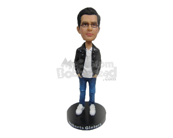 Custom Bobblehead Handsome Stylish Dude In Leather Jacket And Spectacles With Hands In Pocket - Leisure & Casual Casual Males Personalized Bobblehead & Cake Topper