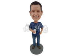 Custom Bobblehead Man Wearing Sports Shirt With Jeans And Casual Shoes Holding A Cup - Leisure & Casual Casual Males Personalized Bobblehead & Cake Topper