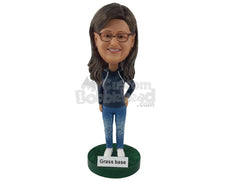 Custom Bobblehead Woman Wearing Beautiful Hoodie With Jeans And Shoes - Leisure & Casual Casual Females Personalized Bobblehead & Cake Topper