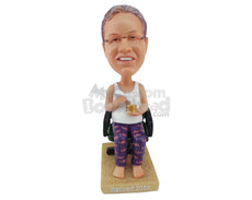 Custom Bobblehead Woman Sitting On A Computer Chair Eating Something While Wearing Cozy Pants And Vest - Leisure & Casual Casual Females Personalized Bobblehead & Cake Topper