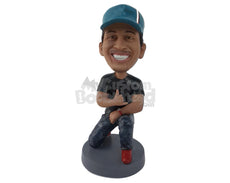 Custom Bobblehead Man Kneeling On One Knee Giving Cool Sign Wearing A Cap - Leisure & Casual Casual Males Personalized Bobblehead & Cake Topper