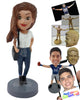 Custom Bobblehead Gorgeous Woman Wearing Beautiful Jeans And Shirt With Long Boots And Bag - Leisure & Casual Casual Females Personalized Bobblehead & Cake Topper