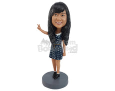 Custom Bobblehead Woman Holding Peace Sign Wearing A Gown With Belt - Leisure & Casual Casual Females Personalized Bobblehead & Cake Topper