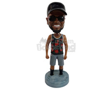 Custom Bobblehead Man Wearing Beanie Shirt With Feet Embedded To Base - Leisure & Casual Casual Males Personalized Bobblehead & Cake Topper