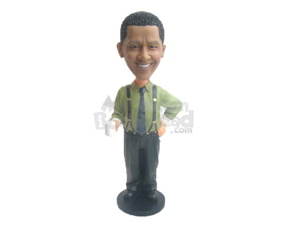 Custom Bobblehead Neat Man In Professional Attire With Suspenders And A Cup In Hand - Leisure & Casual Casual Males Personalized Bobblehead & Cake Topper