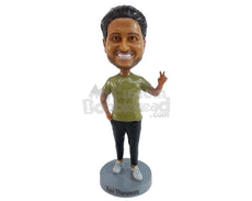 Custom Bobblehead Man Holding Peace Sign - Leisure & Casual Casual Males Personalized Bobblehead & Cake Topper