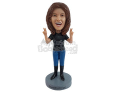 Custom Bobblehead Woman Holding Peace Sign With Both Hands - Leisure & Casual Casual Females Personalized Bobblehead & Cake Topper