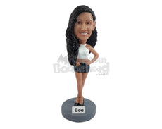 Custom Bobblehead Woman With Folded Legs Wearing Beautiful Dress - Leisure & Casual Casual Females Personalized Bobblehead & Cake Topper