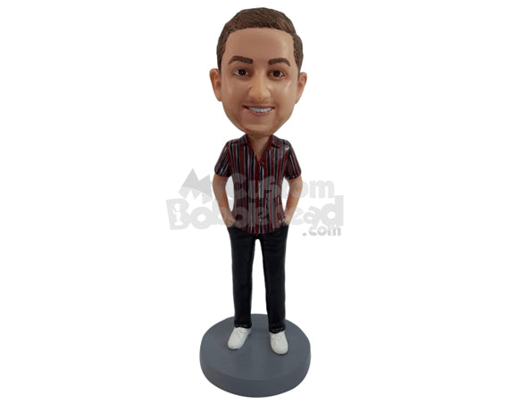 Custom Bobblehead Fashionable dude wearing a nice opened button-down shirt with hands in pockets - Leisure & Casual Casual Males Personalized Bobblehead & Action Figure
