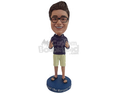 Custom Bobblehead Cool dude making peace sign with both hands wearing a hoodie, shorts and slide-in sandals - Leisure & Casual Casual Males Personalized Bobblehead & Action Figure