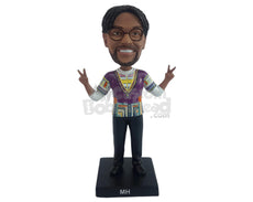 Custom Bobblehead Cool dude wearing nice colorful clothing with hands making peace sign - Leisure & Casual Casual Males Personalized Bobblehead & Action Figure