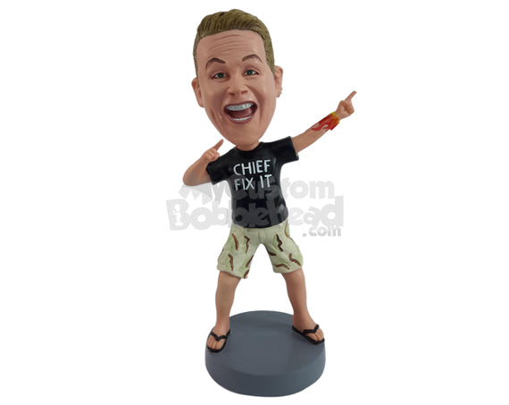 Custom Bobblehead Funny guy making cool finger gesture wearing shirt, shorts and sandals - Leisure & Casual Casual Males Personalized Bobblehead & Action Figure