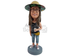 Custom Bobblehead Relaxed gal having a beer on a hot summer day wearing sleeveless shirt, capri jeans and a fanny pack - Leisure & Casual Casual Females Personalized Bobblehead & Action Figure