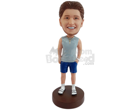 Custom Bobblehead Good looking dude wearing sleeveless shirt, shorts, slide-in sandals and socks with one hand in pocket - Leisure & Casual Casual Males Personalized Bobblehead & Action Figure