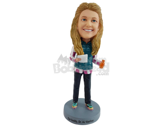 Custom Bobblehead Fancy looking girl reading a paper and drinking a nice juice - Leisure & Casual Casual Females Personalized Bobblehead & Action Figure