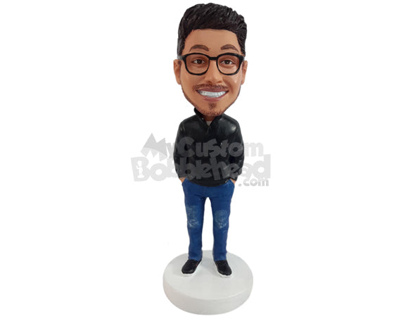 Custom Bobblehead Relaxed young dude with a nice sweatshirt with hands in pockets - Leisure & Casual Casual Males Personalized Bobblehead & Action Figure