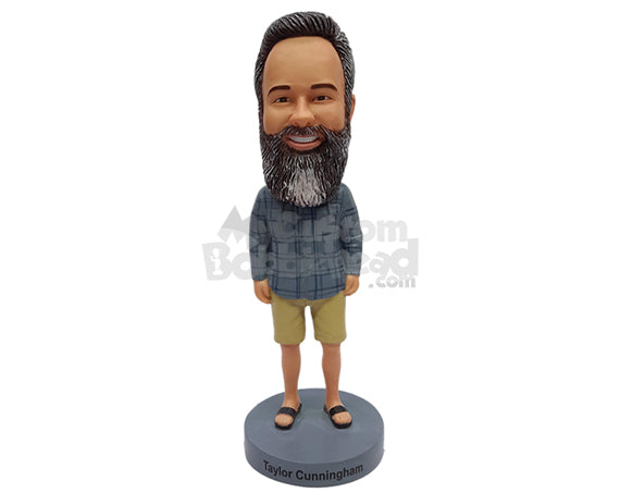 Custom Bobblehead Good looking guy wearing nice long sleve shirt, shorts and slide sandals - Leisure & Casual Casual Males Personalized Bobblehead & Action Figure