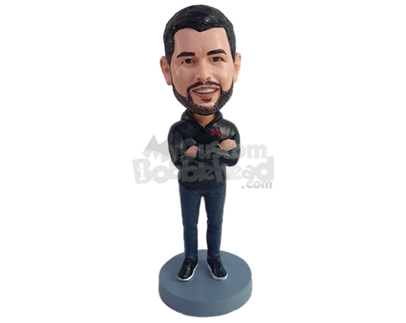 Custom Bobblehead Young pal with a cool hoode, skinny pants and shoes with arms crossed - Leisure & Casual Casual Males Personalized Bobblehead & Action Figure