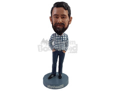 Custom Bobblehead Casual bro with nice plaid long sleeve shirt, cool jeans and belt - Leisure & Casual Casual Males Personalized Bobblehead & Action Figure