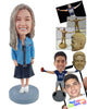 Custom Bobblehead Pretty gal with a nice dress and a jean jacket over it and trendy shoes - Leisure & Casual Casual Females Personalized Bobblehead & Action Figure