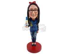 Custom Bobblehead Cheary Vendor wearing nice work vest, and ripped jeans, holding a wine bottle - Leisure & Casual Casual Females Personalized Bobblehead & Action Figure