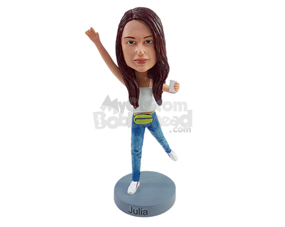 Custom Bobblehead Sporty gal doing some yoga moves with a fanny pack and holding a cup of tea - Leisure & Casual Casual Females Personalized Bobblehead & Action Figure