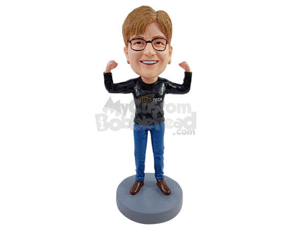 Custom Bobblehead Powerful woman raising arms showing her muscles wearing long sleeve round neck t-shirt jeans and boots - Leisure & Casual Casual Females Personalized Bobblehead & Action Figure