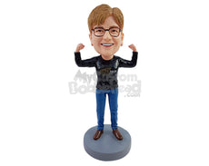 Custom Bobblehead Powerful woman raising arms showing her muscles wearing long sleeve round neck t-shirt jeans and boots - Leisure & Casual Casual Females Personalized Bobblehead & Action Figure