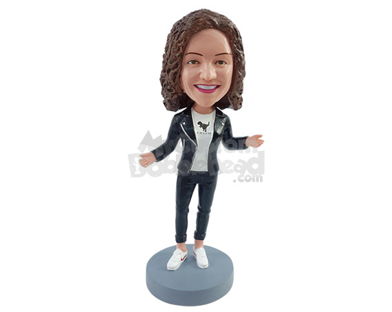 Custom Bobblehead Fashionalble girl wearng nice leather jacket capri pants and cool sneakers with arms out - Leisure & Casual Casual Females Personalized Bobblehead & Action Figure