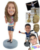 Custom Bobblehead Shy girl making a peace sign with one hand wearing t-shirt and shorts - Leisure & Casual Casual Females Personalized Bobblehead & Action Figure